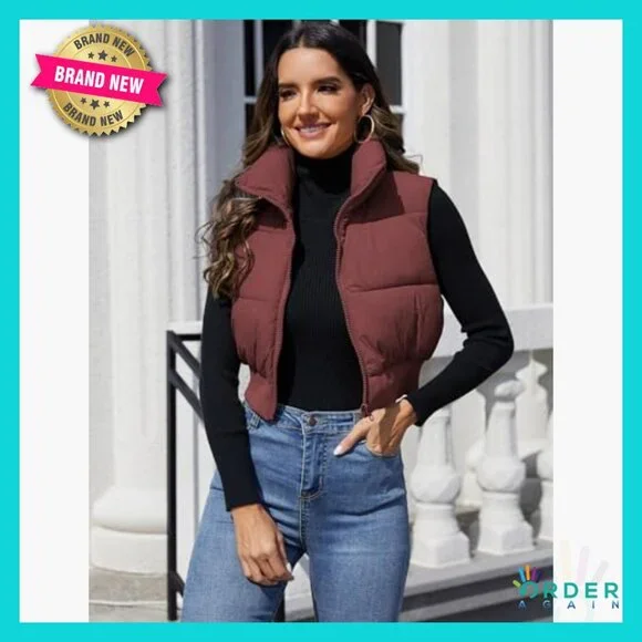 Cropped Puffer Vest Lightweight Quilted Sleeveless Jacket Chic Winter Outerwear - Picture 2 of 7